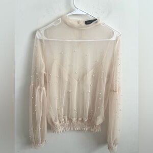 Touch me Blouse Cream Medium Sheer Beaded Mock neck Romantic Feminine Layering